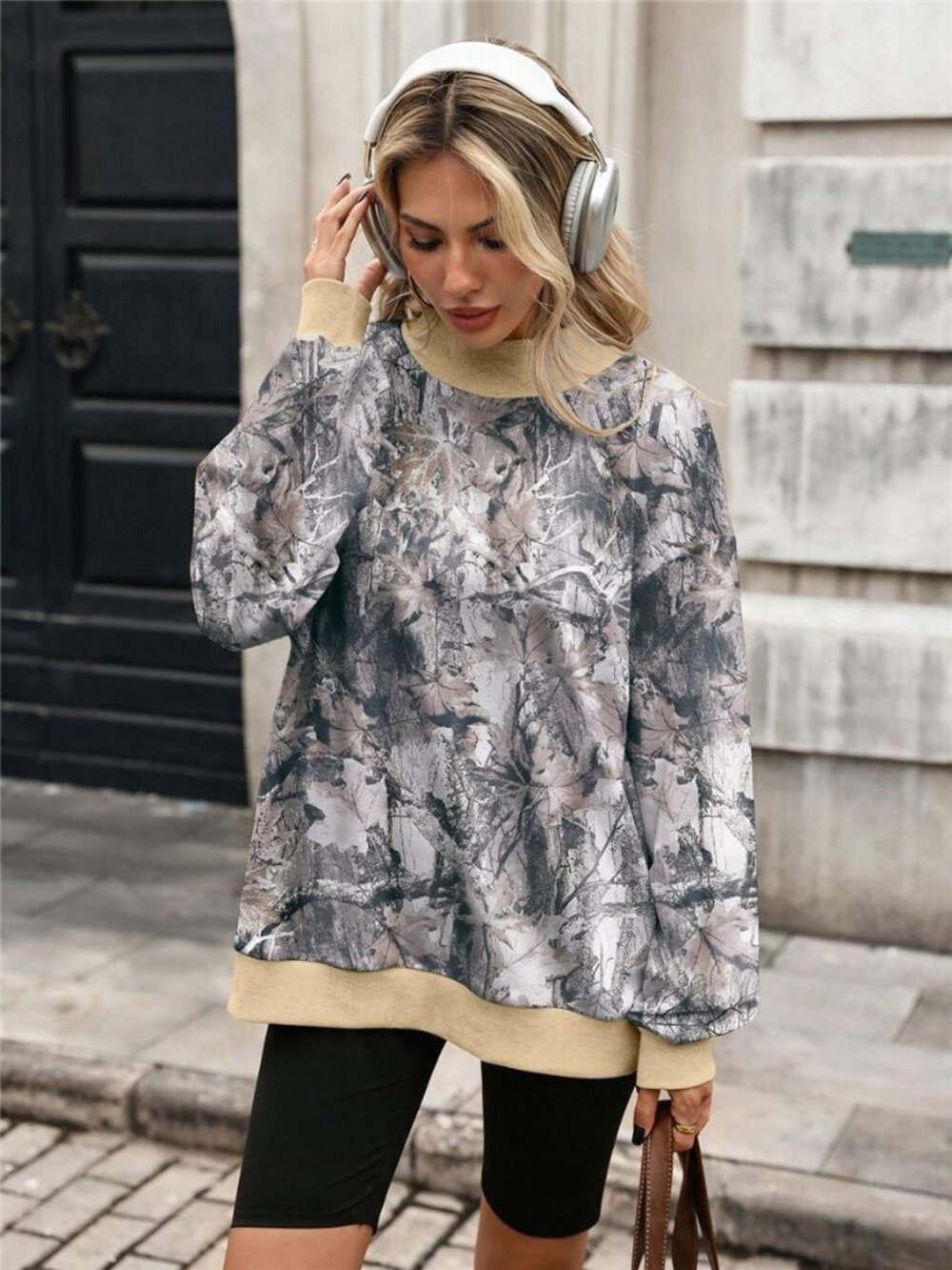 Camouflage Print Mock Neck Sweatshirt